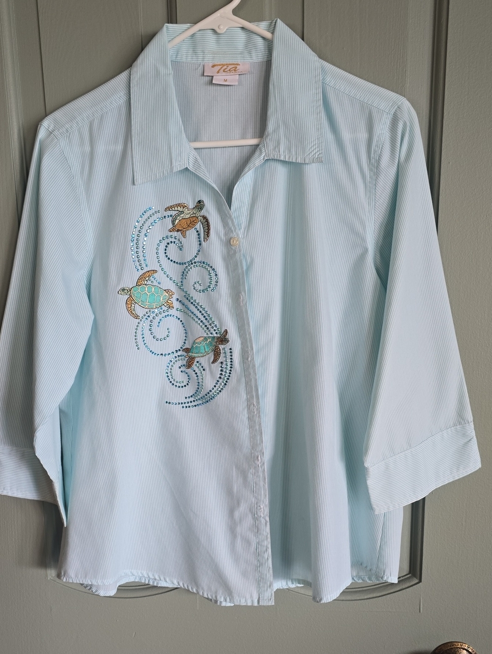 Tia Dresses Light Blue Button-Down Shirt with Turtle Embroidery